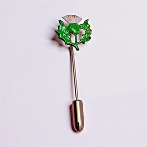 Vintage Scottish Thistle Stick Pin Green Enamel Silver Tone 2 Inch